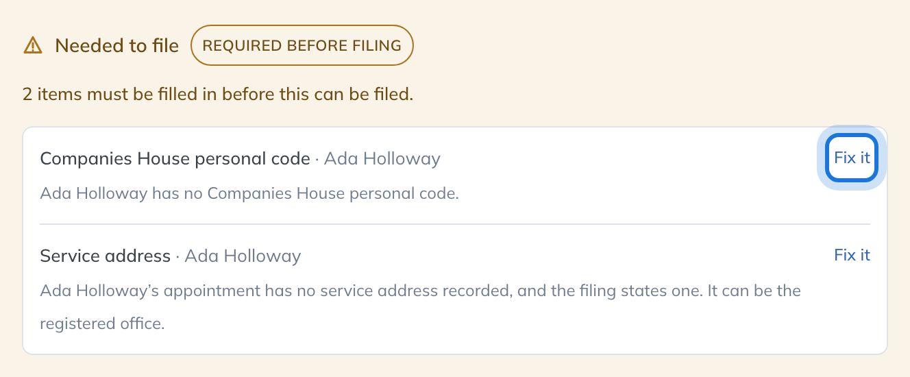 The Needed to file card on an AP01 task, listing a missing personal code and a missing service address, each with Fix it.