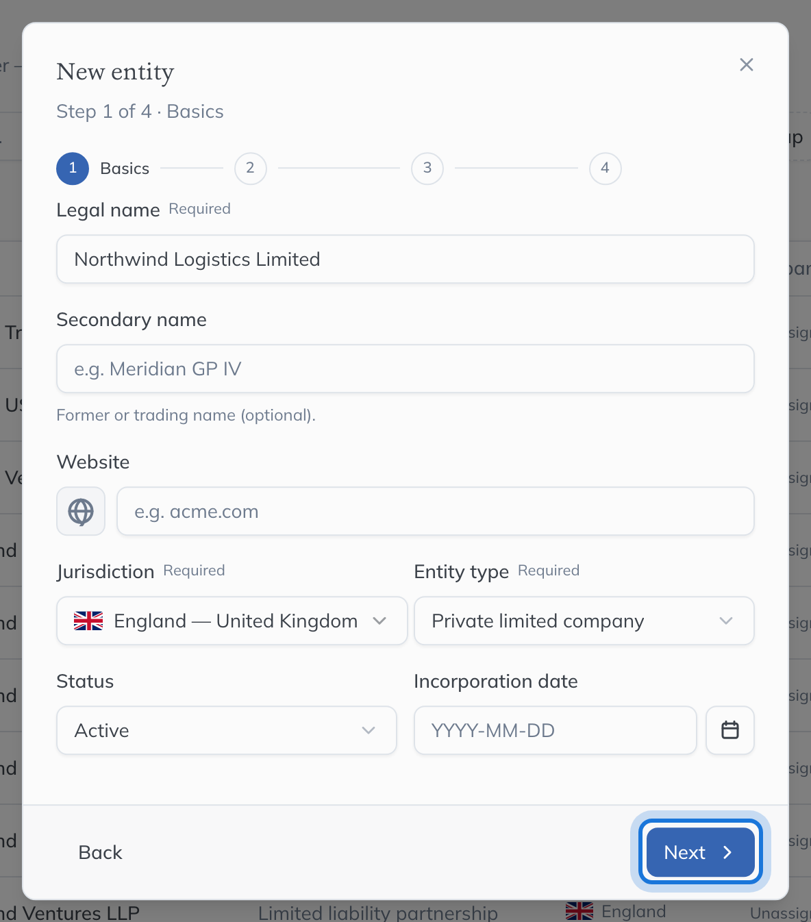 The Basics step filled in for Northwind Logistics Limited, a private limited company in England.