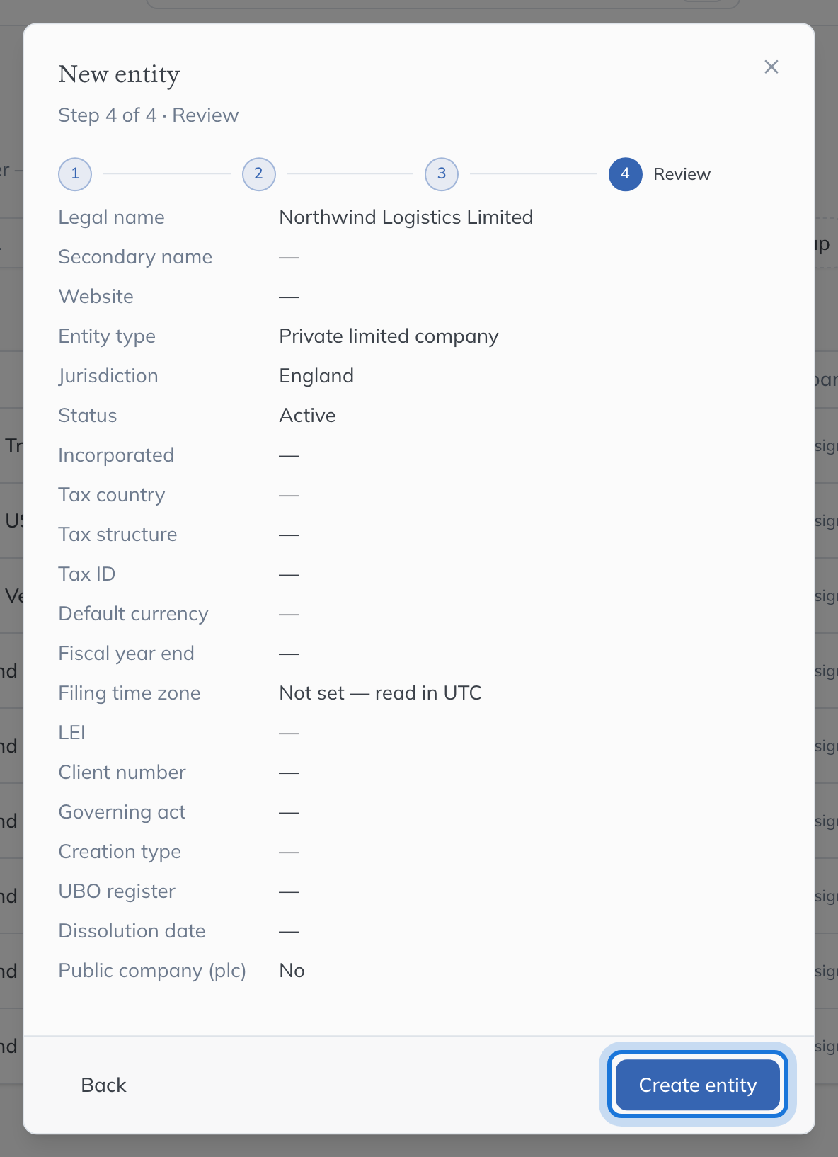 The Review step listing every value entered, with Create entity highlighted.
