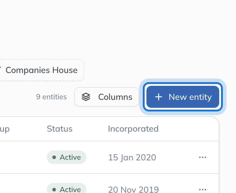 The Entity Register, with the New entity button highlighted.