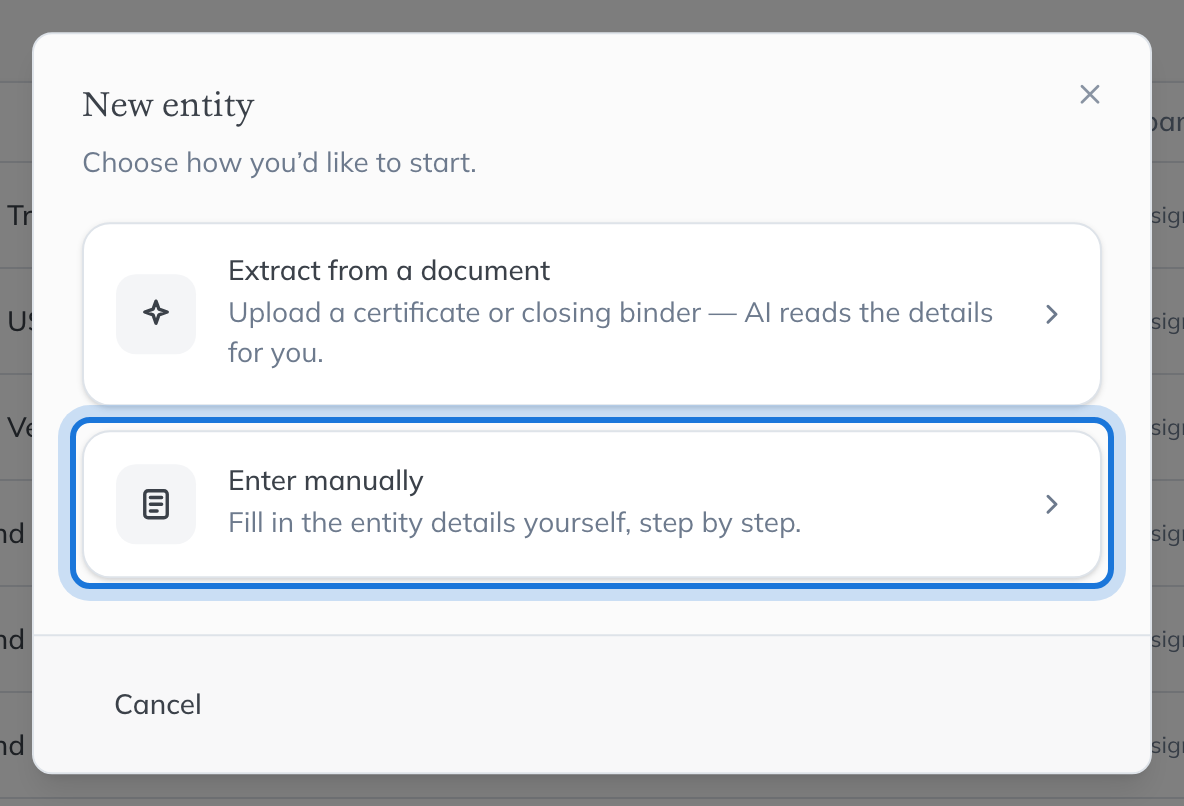 The New entity dialog asking how to start: Extract from a document, or Enter manually.