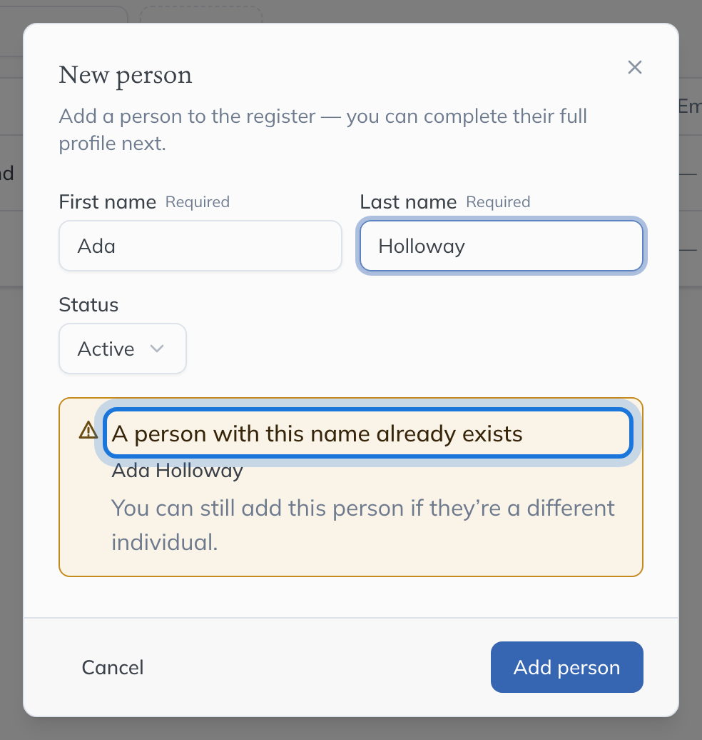 The New person dialog warning that a person called Ada Holloway already exists, with a link to the existing record.