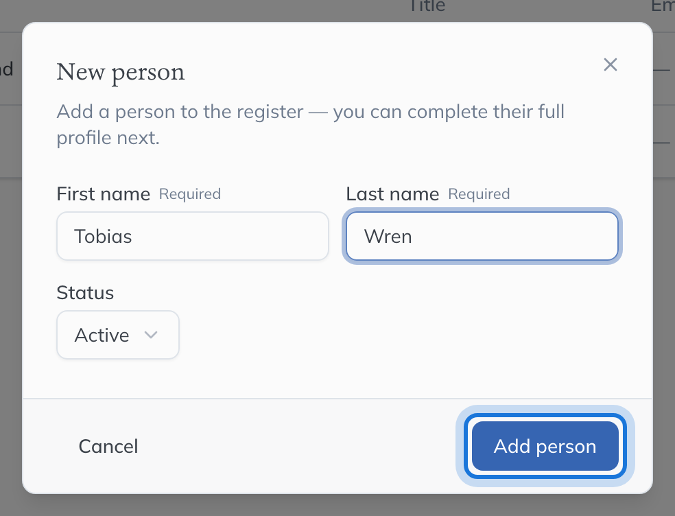 The New person dialog with a first and last name entered and the status set to Active.