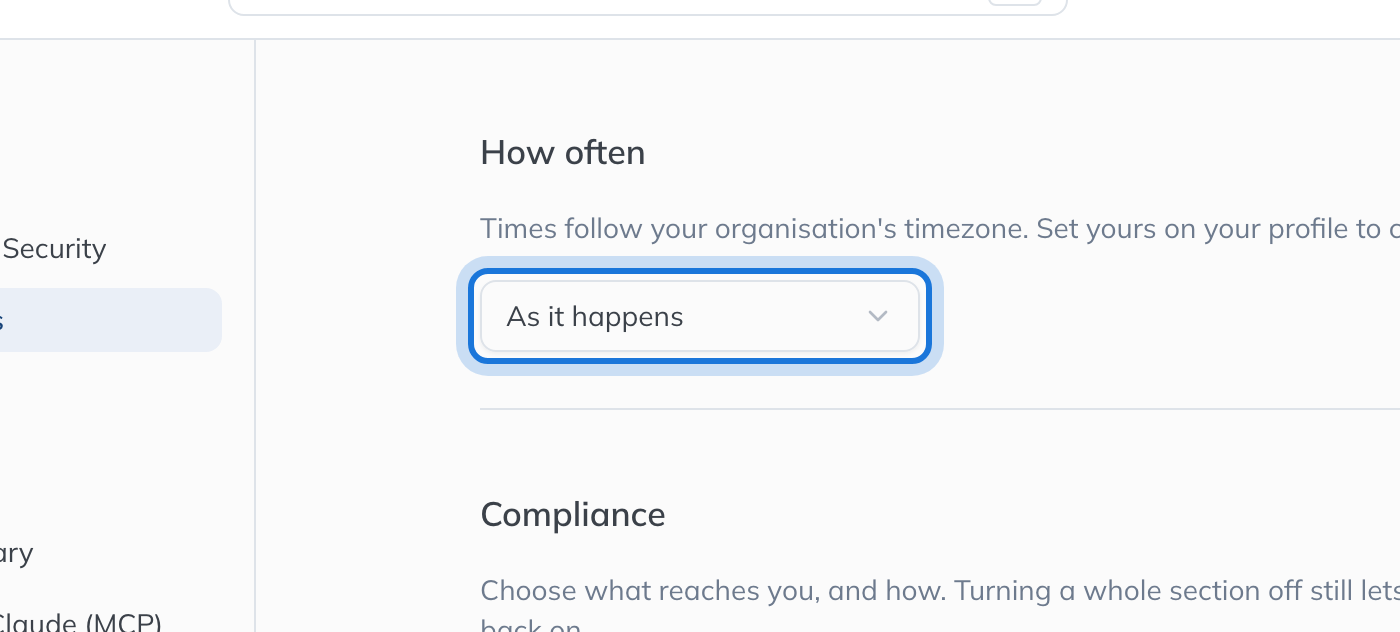 The How often section, with the choice of how often to send email.