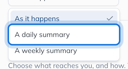 The choices for how often to send email: As it happens, A daily summary and A weekly summary.