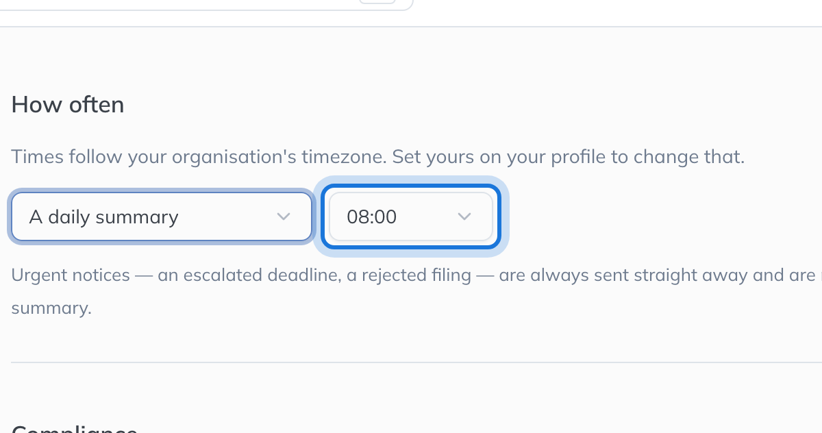 The hour the daily summary is sent, beside the How often choice, with the note that urgent notices are sent straight away.