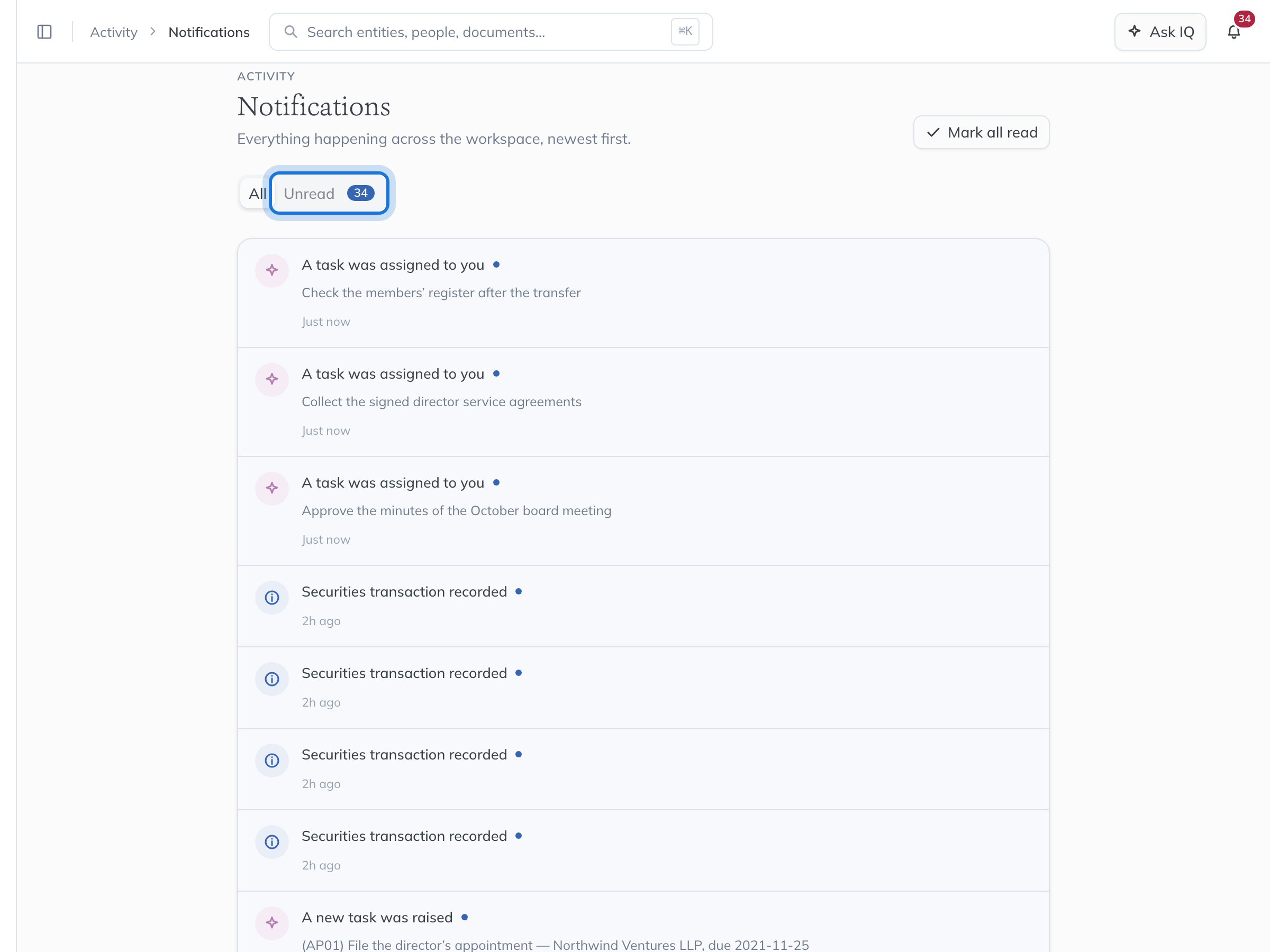 The Notifications page, with the Unread tab highlighted beside All.