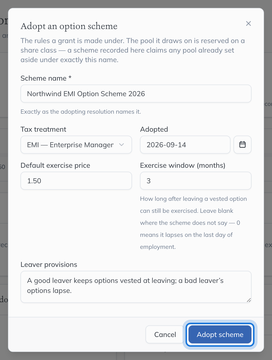 The Adopt an option scheme dialog, filled in for an EMI scheme: its name, tax treatment, adoption date, default exercise price and exercise window.