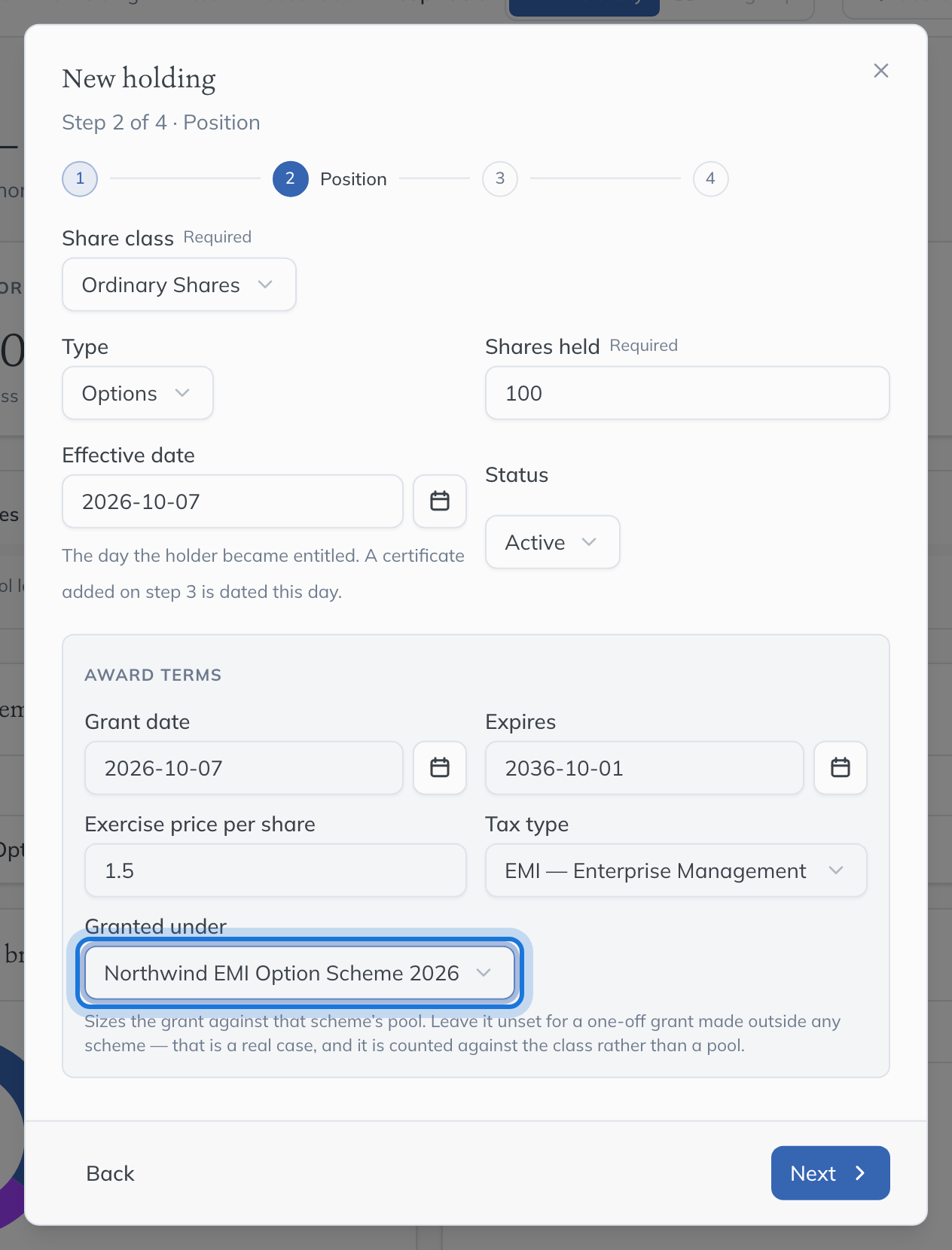 The Position step for an option grant: the share class, Options as the type, 100 shares, and the award terms with Granted under set to the scheme.