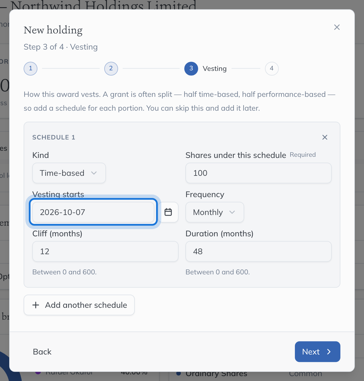 The Vesting step: a time-based schedule over all 100 options, starting on the grant date, vesting monthly over 48 months after a 12-month cliff.