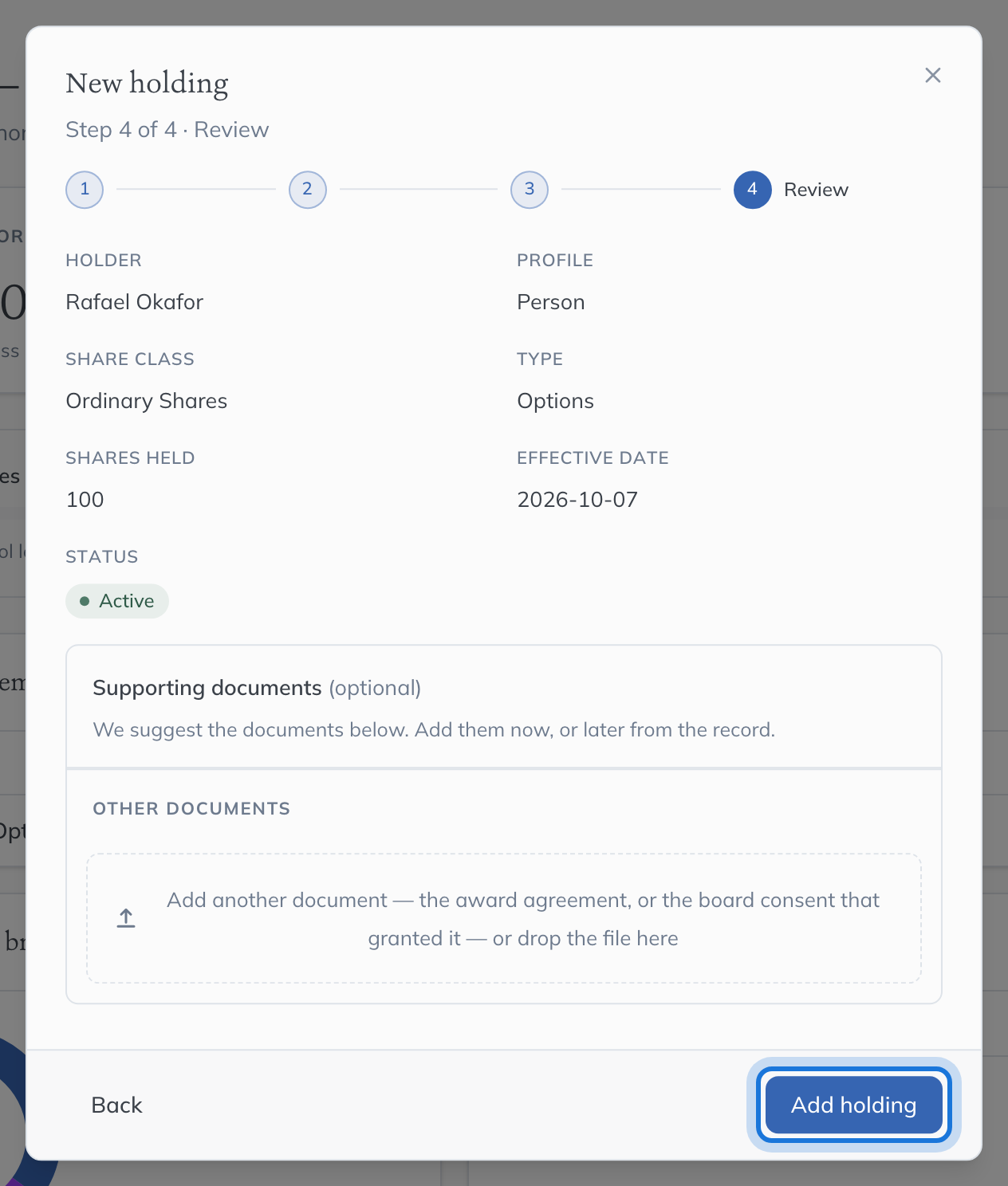 The Review step of the new holding, summarising the option grant, with Add holding highlighted.
