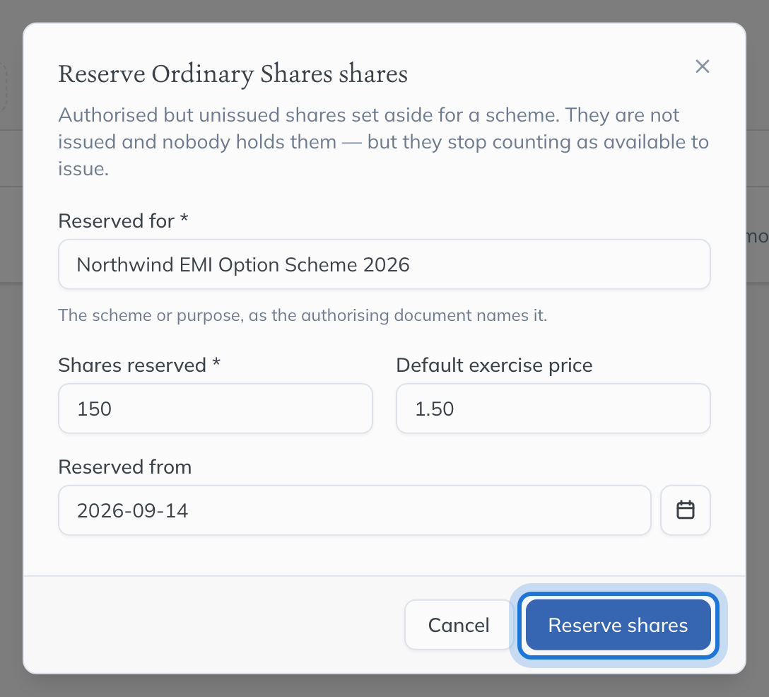 The Reserve Ordinary Shares shares dialog: 150 shares reserved for the Northwind EMI Option Scheme 2026, from the date the board set the pool aside.