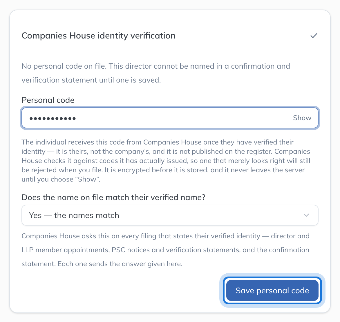 The Companies House identity verification card on Harriet Vale’s Companies House page, with a personal code typed and Save personal code highlighted.