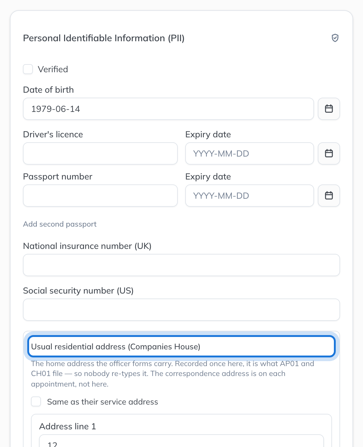 The Personal Identifiable Information card for Ada Holloway: date of birth, identity documents, national numbers and the usual residential address.