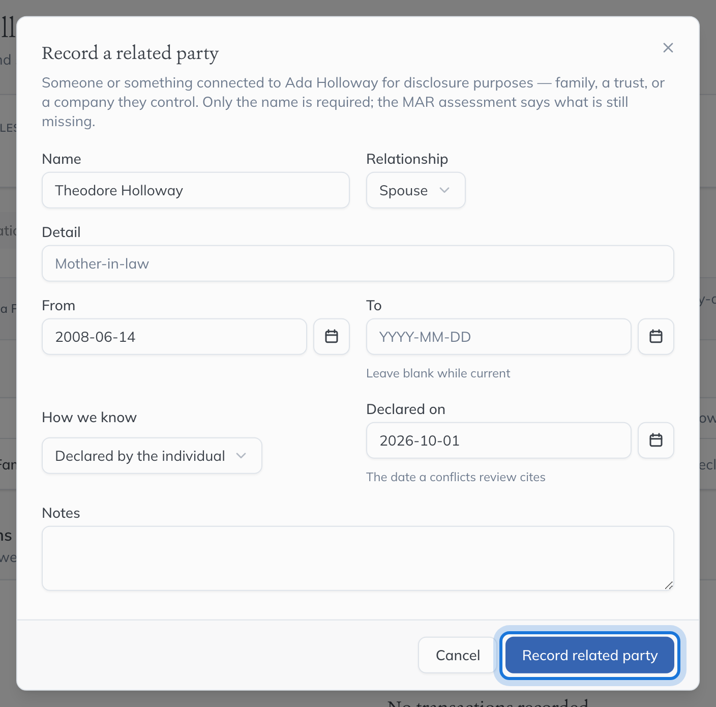 The Record a related party dialog, filled in for Ada Holloway’s spouse.