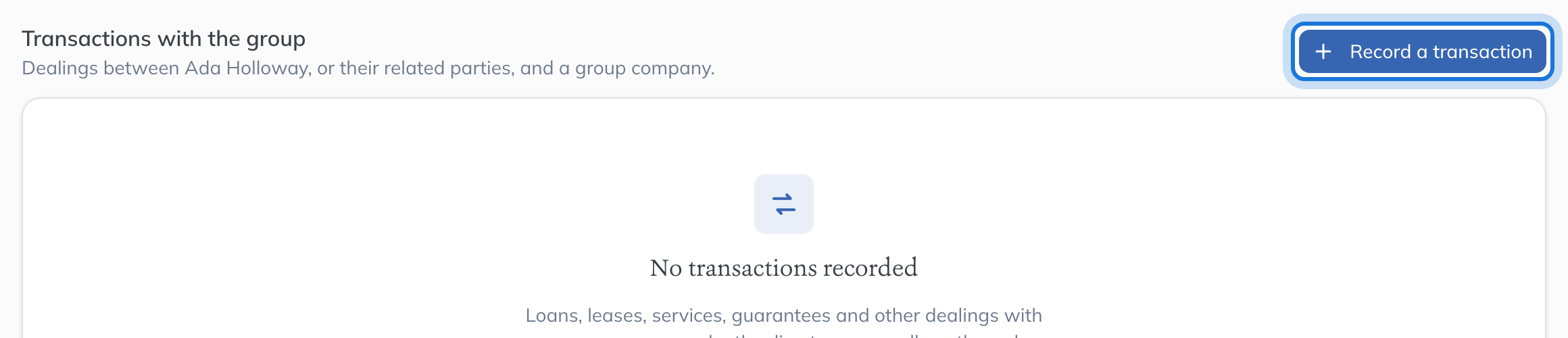 Transactions with the group, below the related parties, with Record a transaction highlighted.