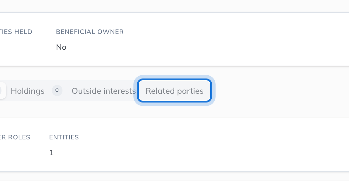 The tabs on Ada Holloway’s Associations page, with Related parties highlighted.