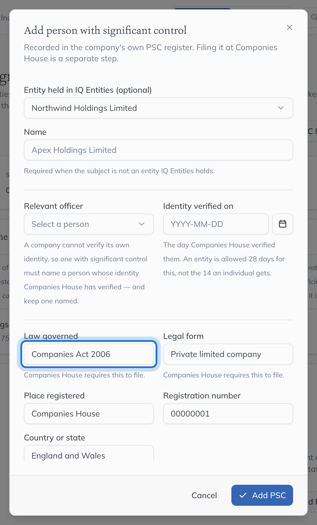 The relevant legal entity’s particulars: the law it is governed by, its legal form and where it is registered.