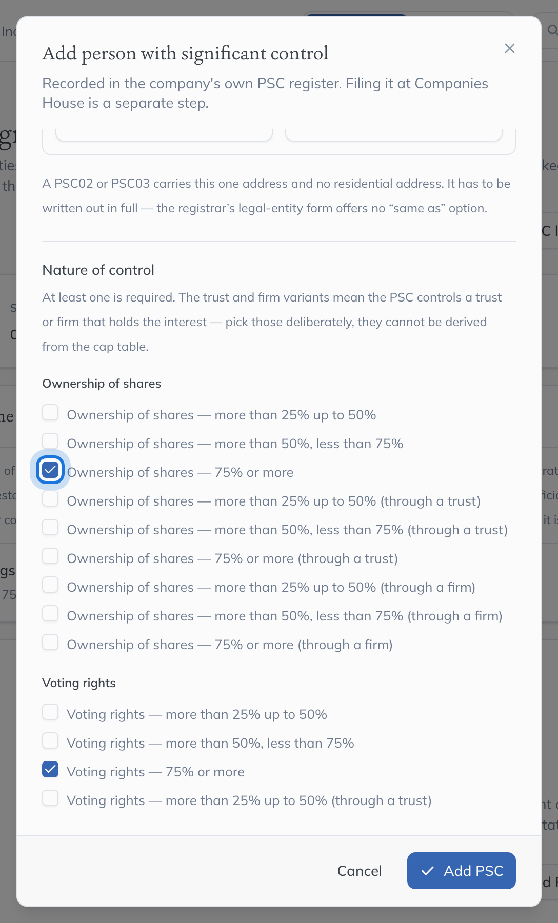 The Nature of control choices, with the bands suggested from the cap table already ticked.