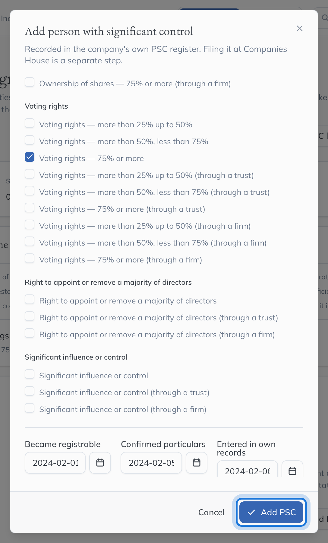 The foot of the dialog, with Add PSC highlighted.