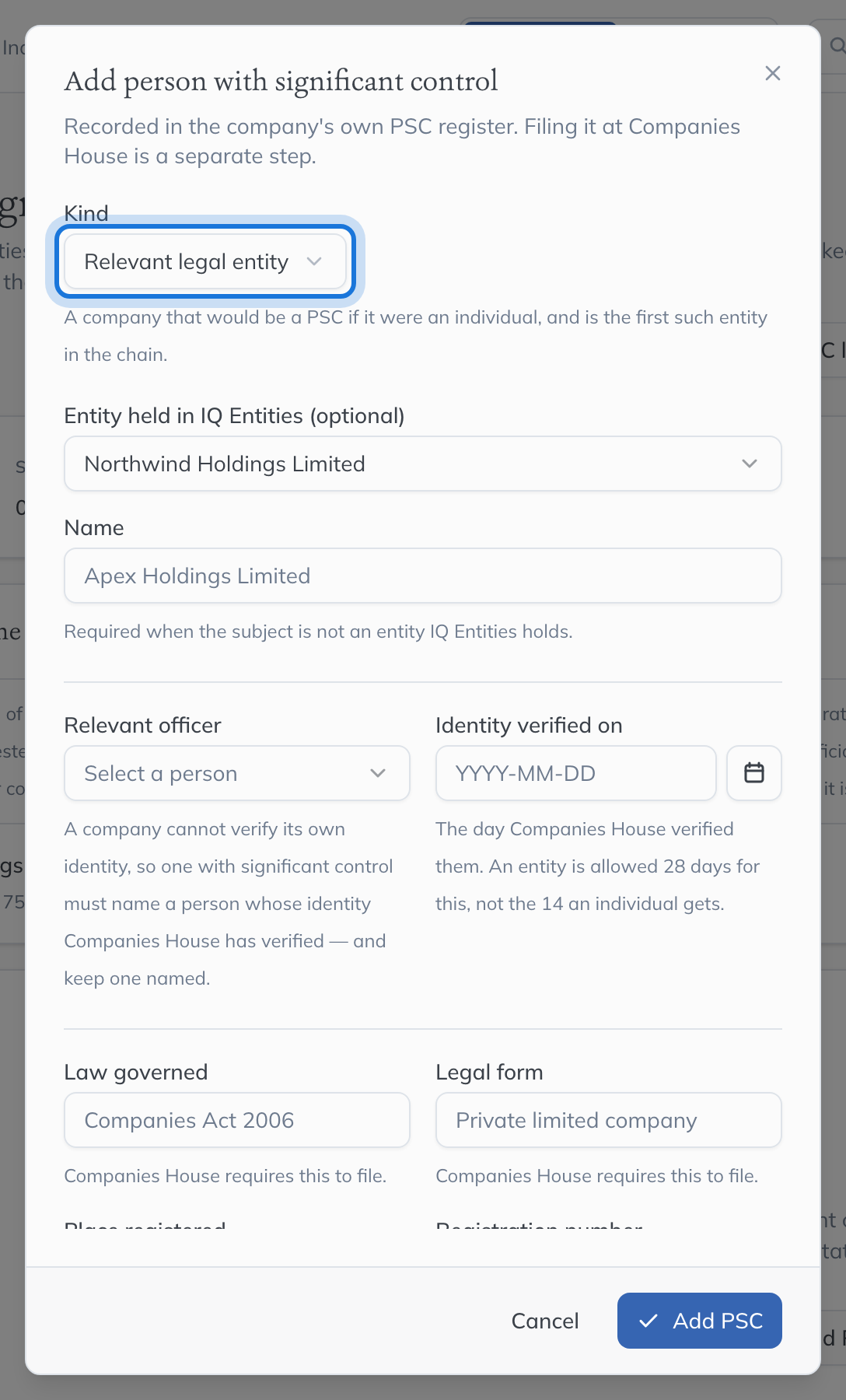 The Add person with significant control dialog, opened as a relevant legal entity for Northwind Holdings Limited.