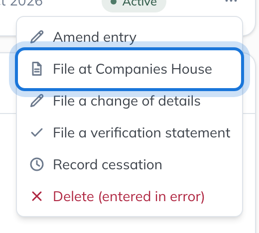 The entry’s actions menu, with File at Companies House highlighted.