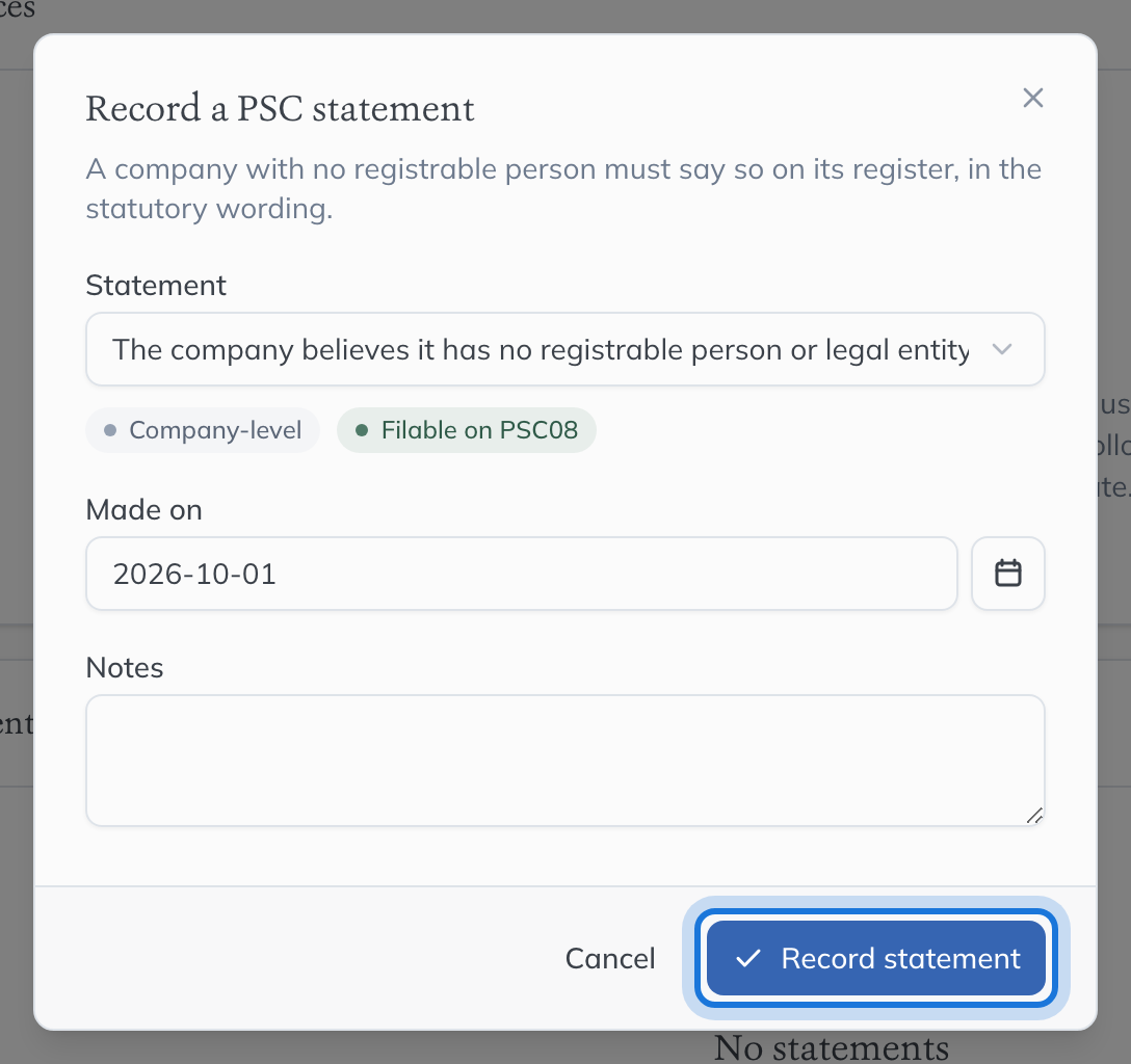 The Record a PSC statement dialog, with the statement that the company has no registrable person chosen.