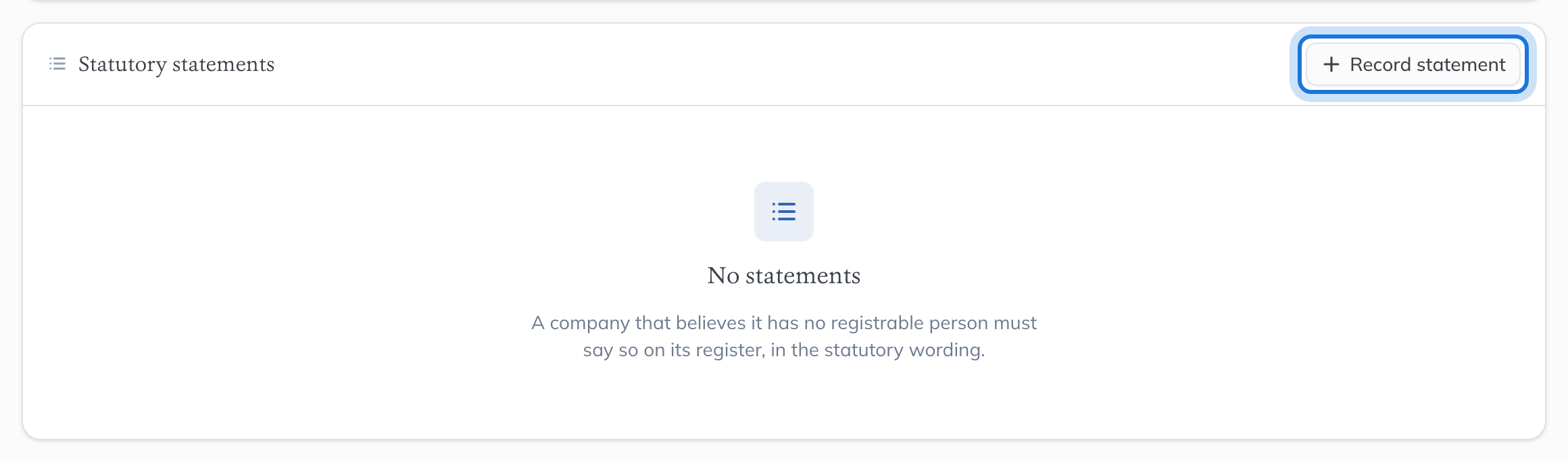 The Statutory statements card on the PSC filings page, with Record statement highlighted.