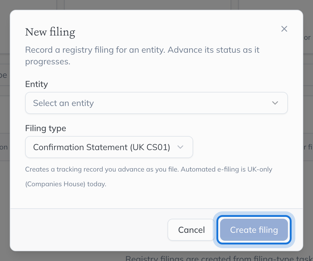 The New filing dialog, asking for the entity and the filing type.