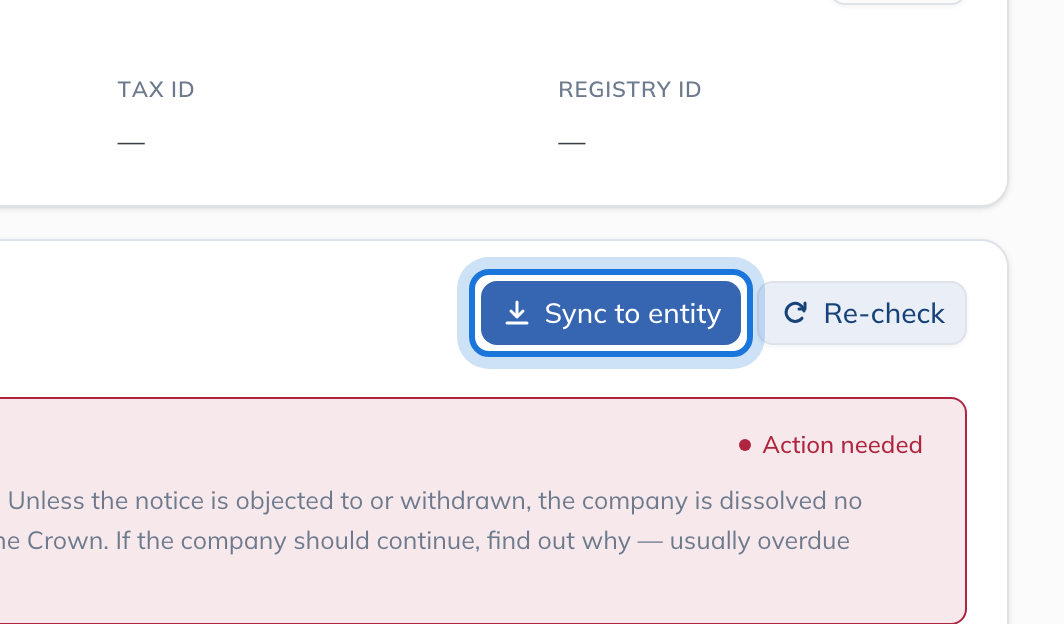 The Sync to entity button on the register check.