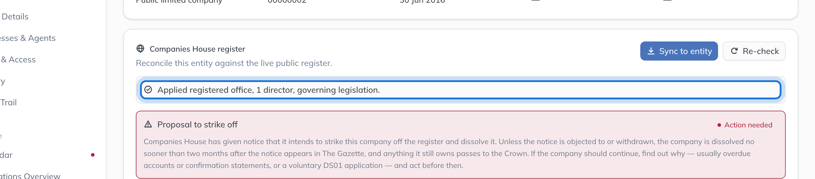 The register check after syncing, saying what was applied to the record.