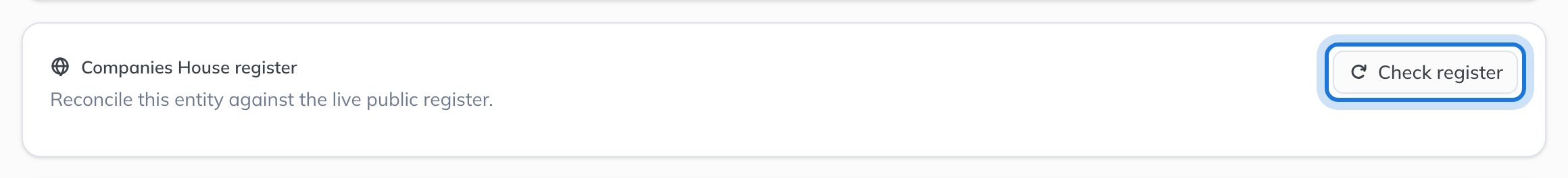 The Companies House register card on the Registrations page, with Check register highlighted.