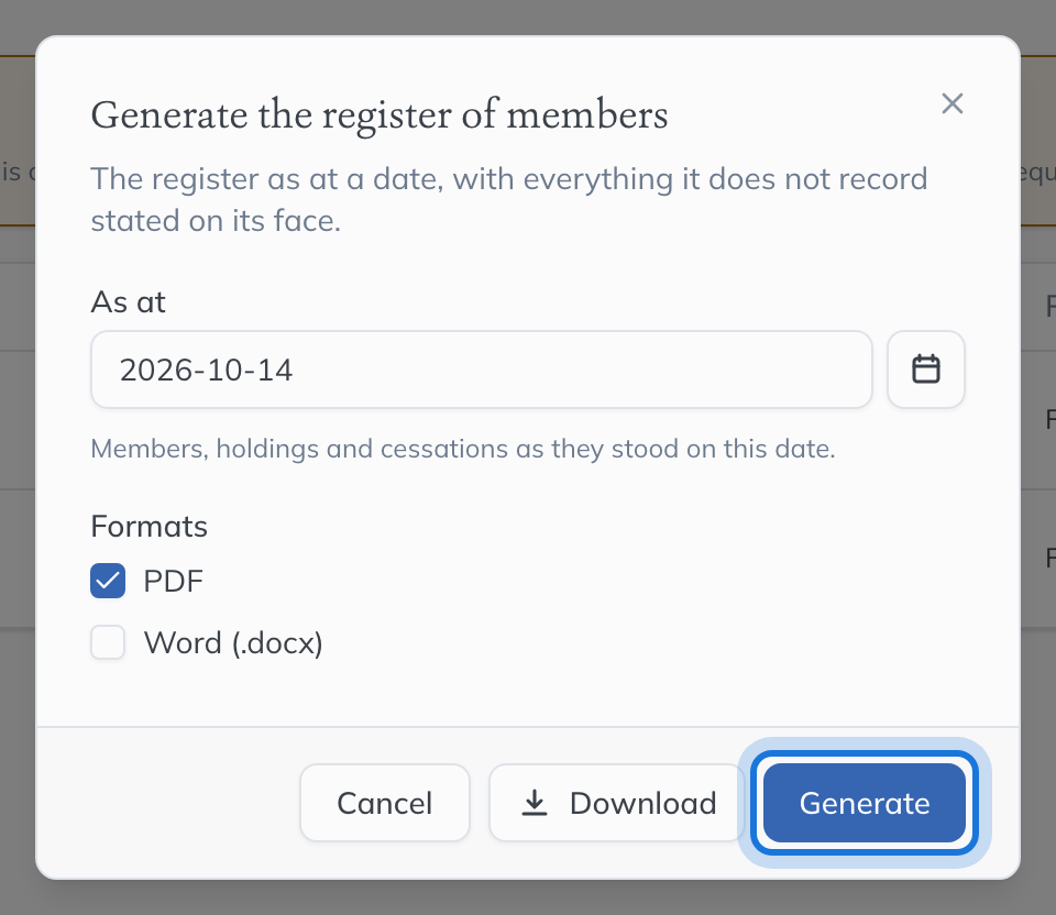 The Generate the register of members dialog: the as-at date and the formats, PDF and Word.