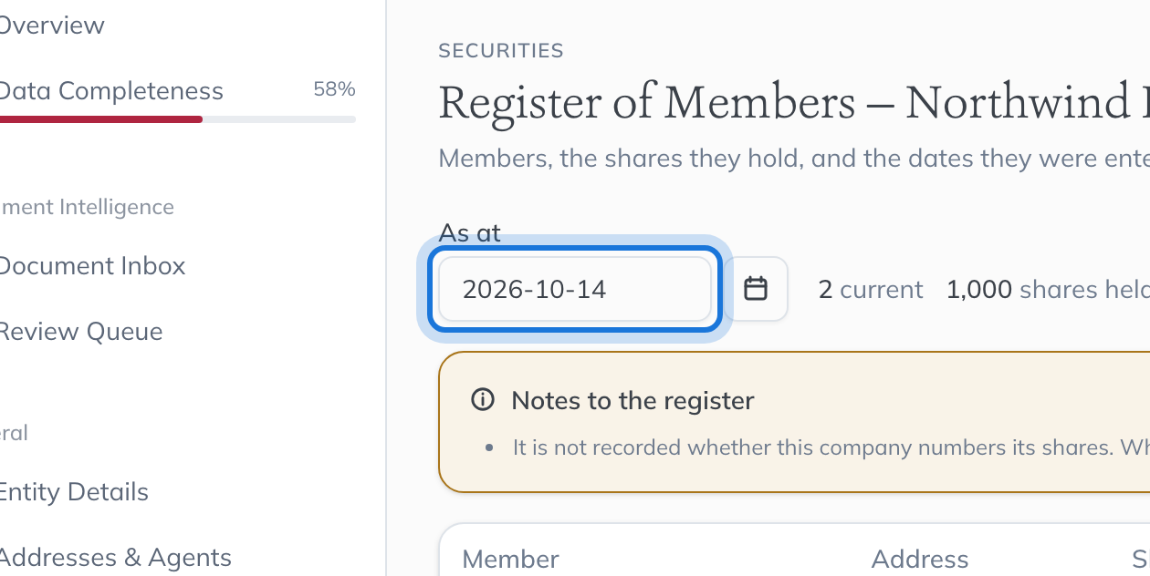 The As at date above the register, highlighted.