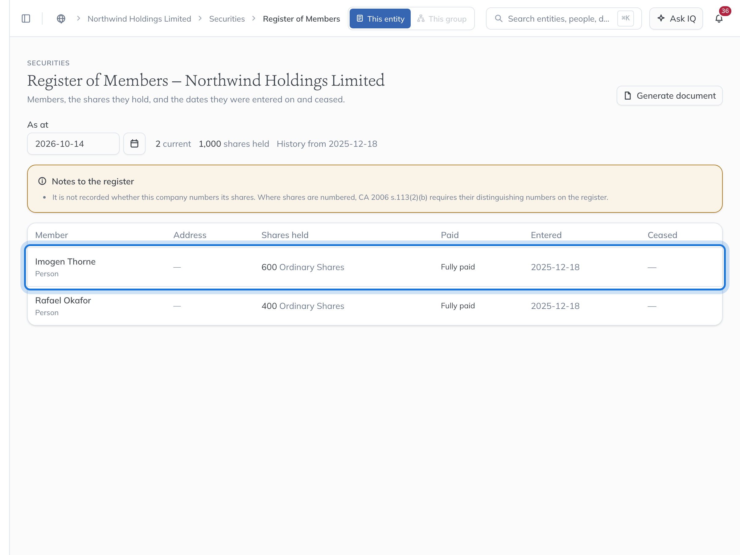 The Register of Members for Northwind Holdings Limited: each member, their address, shares held, paid status and the date they were entered.
