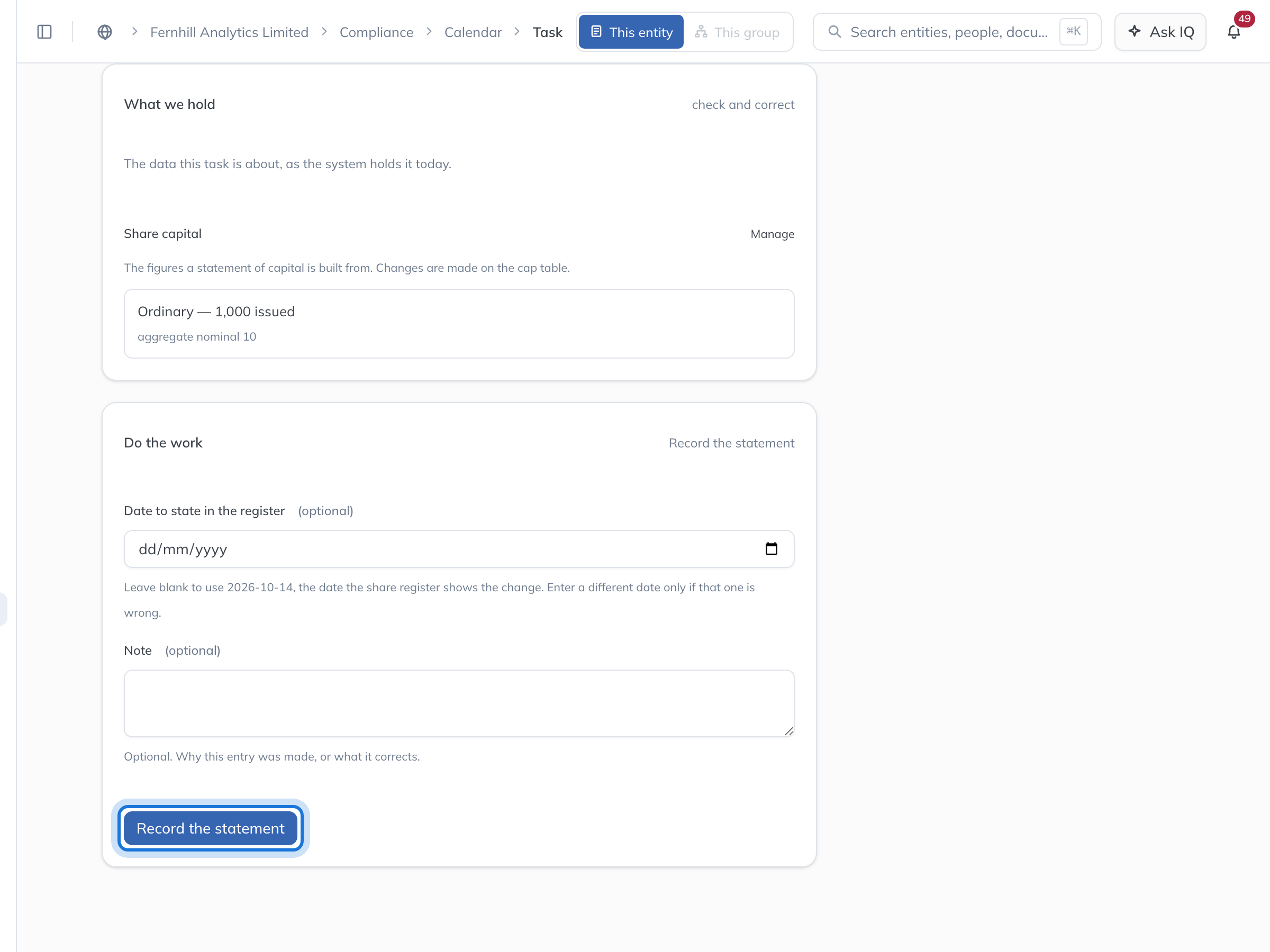 The single-member statement task for Fernhill Analytics Limited: the date to state in the register, which defaults to the day the share register shows the change, an optional note, and Record the statement highlighted.