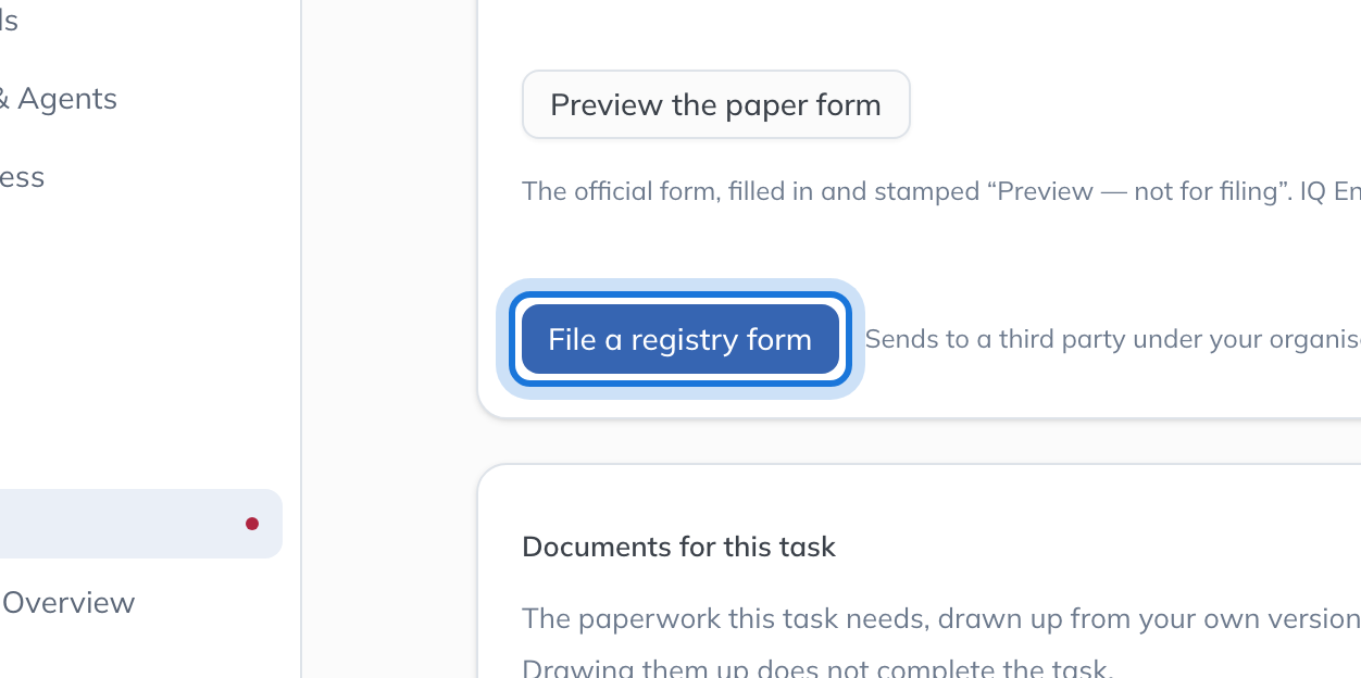The File a registry form button on the AD01 task.