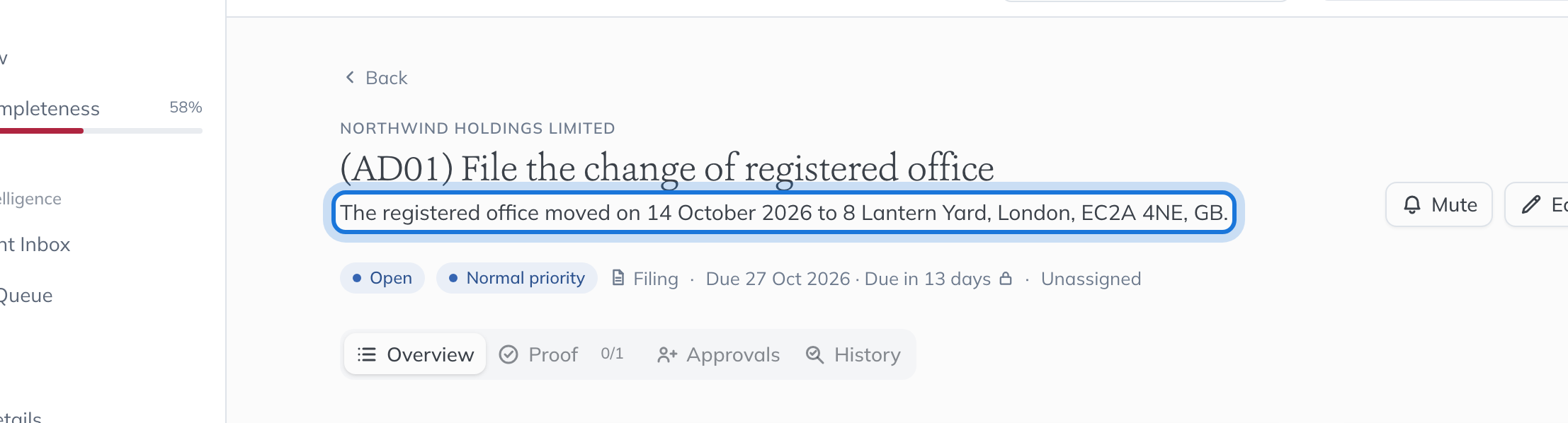 The AD01 task for Northwind Holdings Limited, saying the registered office moved.