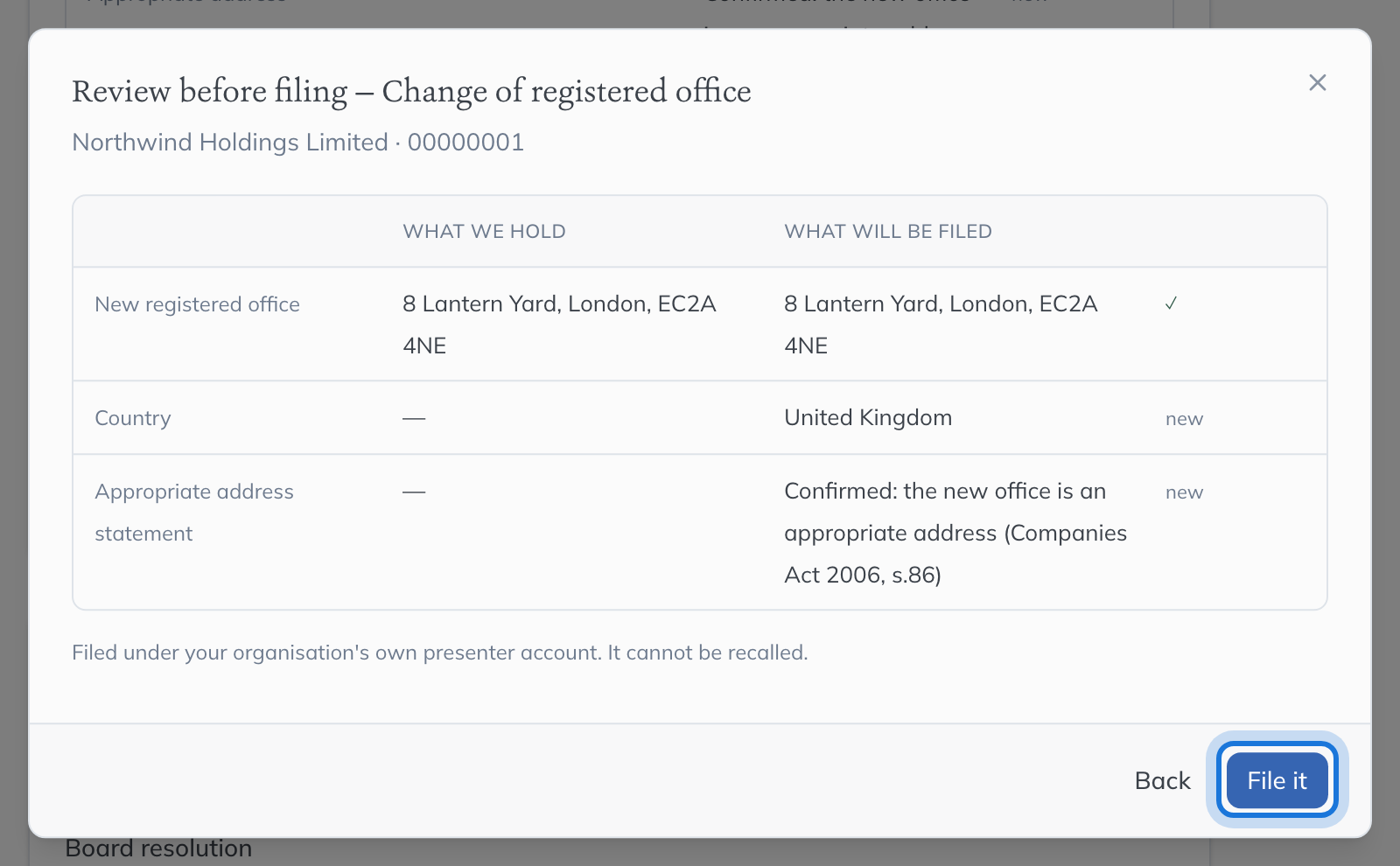 The Review before filing dialog for the change of registered office, with the new address beside the one Companies House holds.