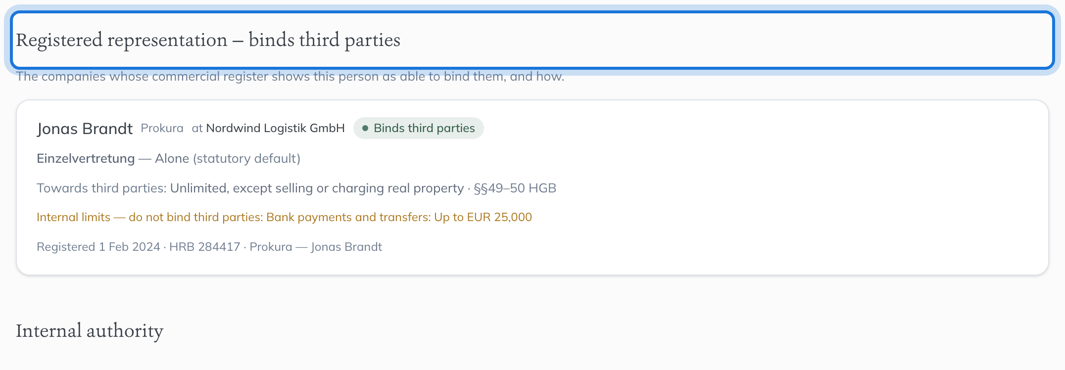 Jonas Brandt’s own Authorities page, listing the company whose commercial register shows him as able to bind it, and how.