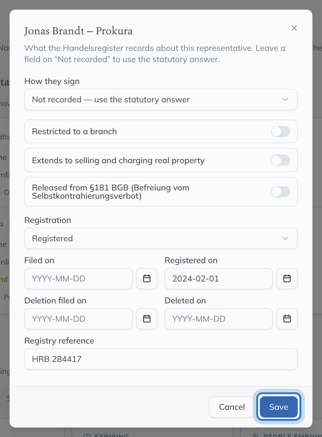 The dialog for the Prokurist’s registered representation: how they sign, the restrictions, and the Prokura recorded as registered with its date and the register number.