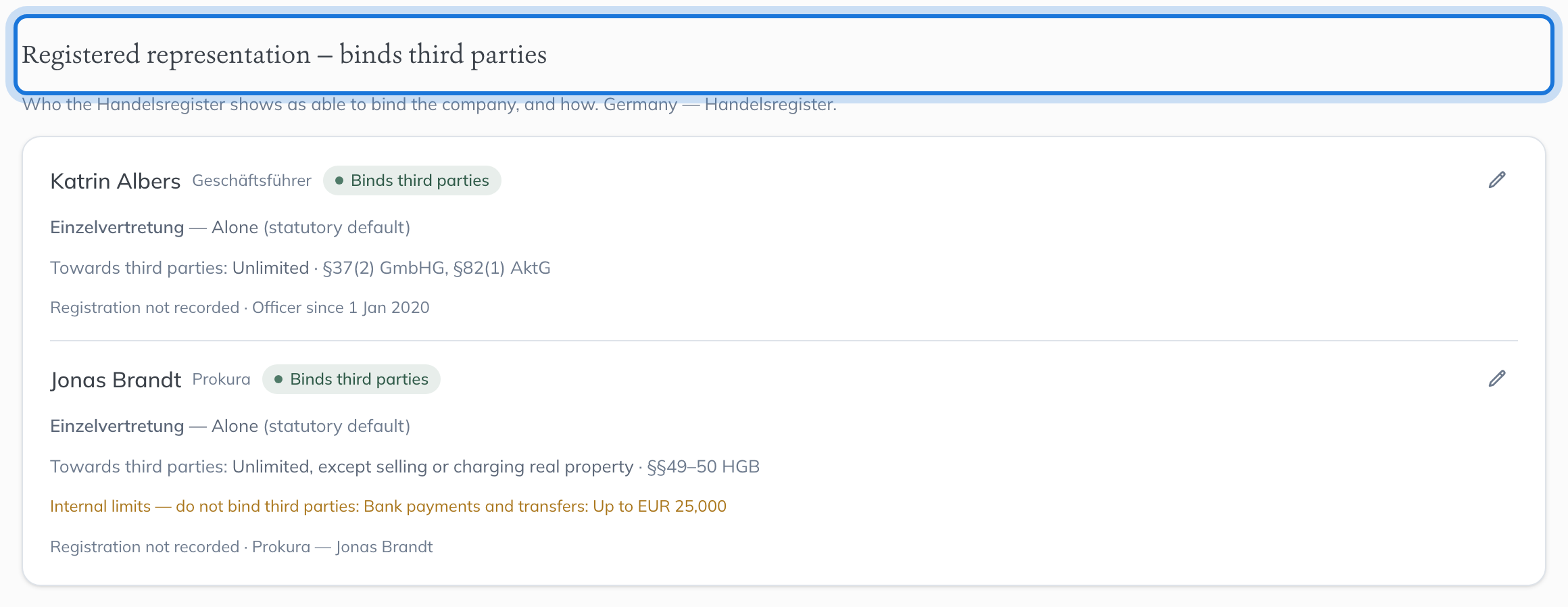 The Authorities page of Nordwind Logistik GmbH, opening on who the commercial register shows as able to bind the company: the managing director alone, and the Prokurist.