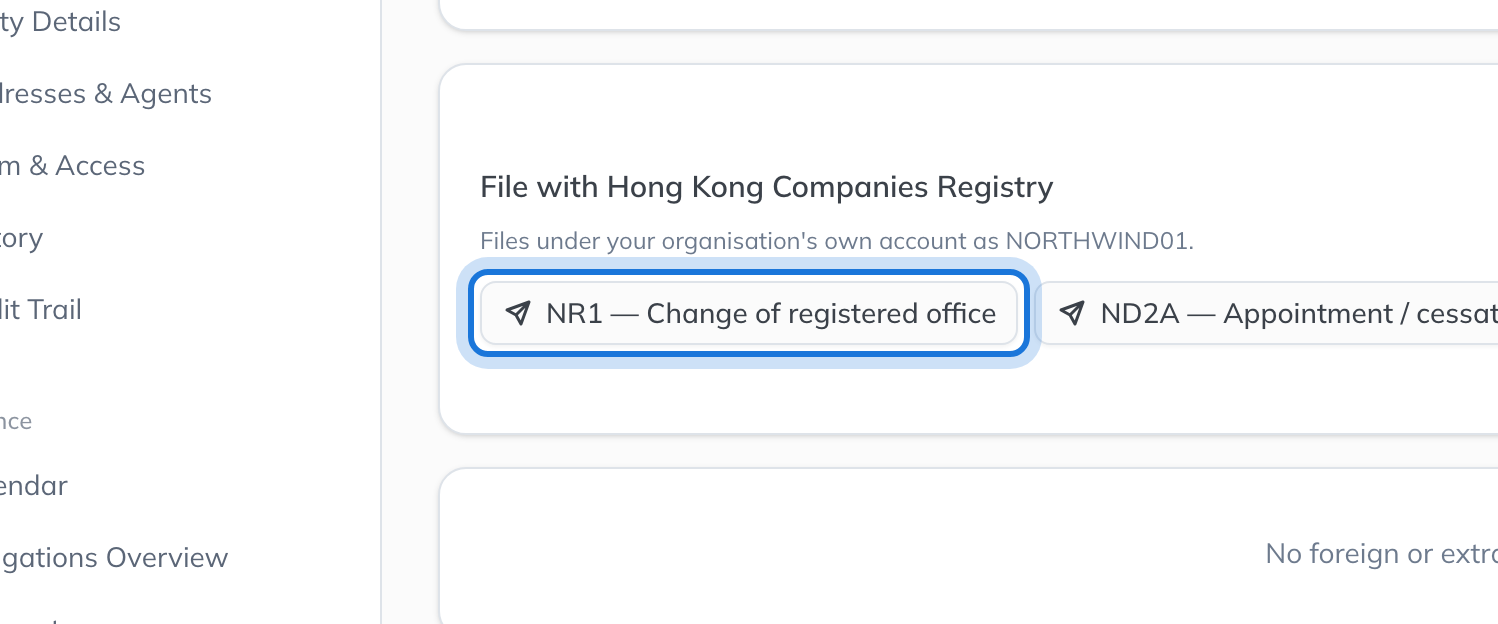 The Registrations page of a Hong Kong company, with the File with Hong Kong Companies Registry card and its NR1 form highlighted.