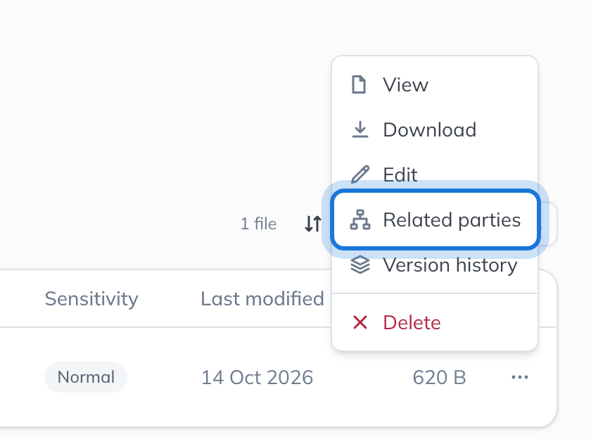 The document’s actions menu, with Related parties highlighted.