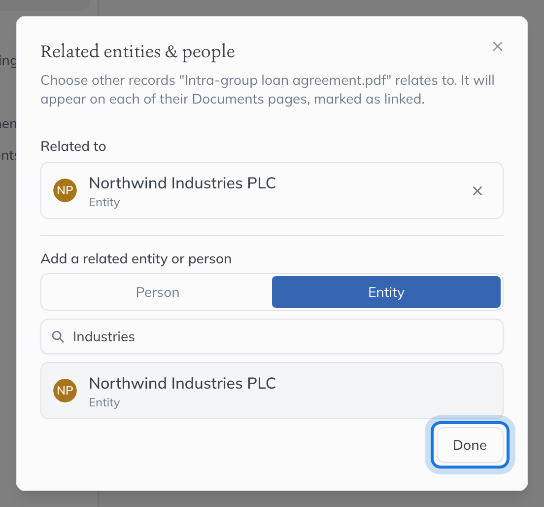 The dialog now listing Northwind Industries PLC under Related to, with Done highlighted.