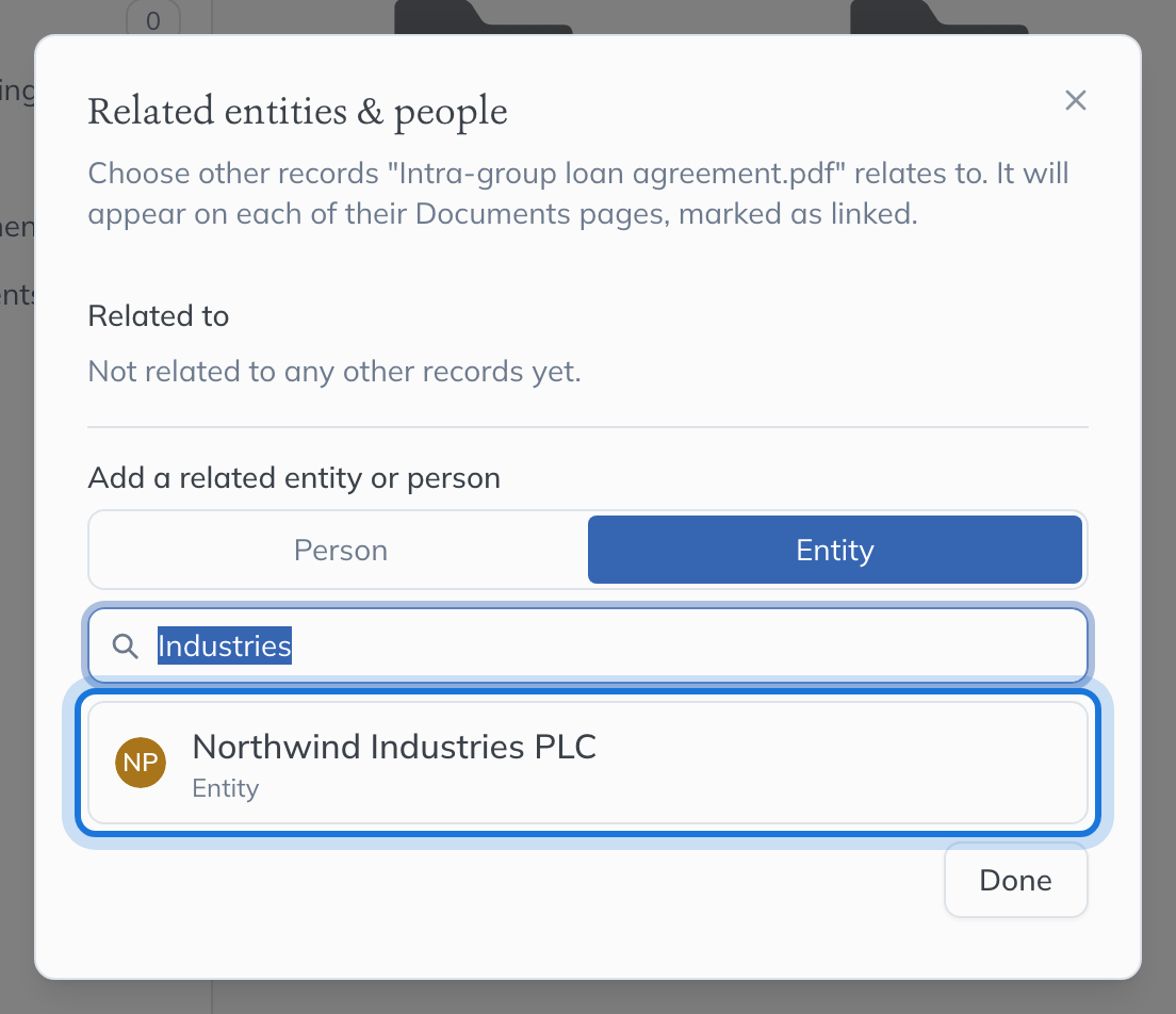 The Related entities & people dialog, with "Industries" searched and Northwind Industries PLC highlighted.