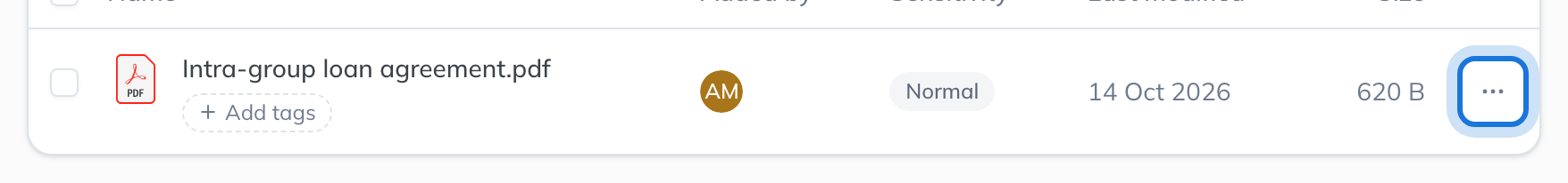 The row for Intra-group loan agreement.pdf on the Documents page, with its actions button highlighted.