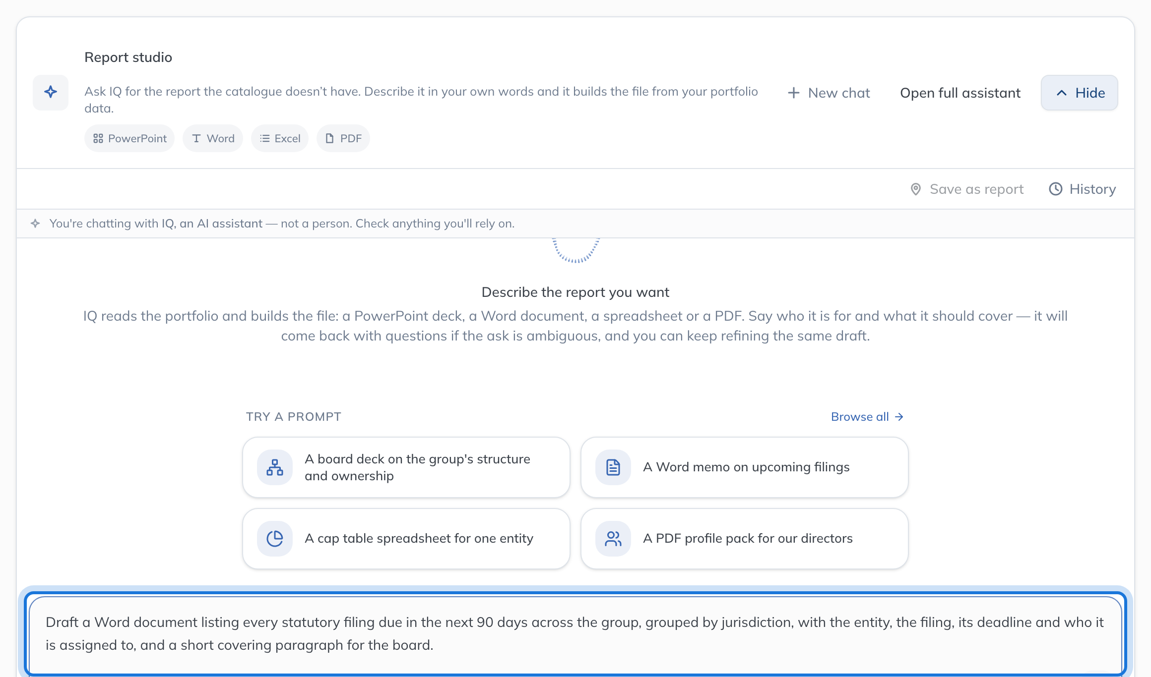 The Report studio open, with a brief typed for a Word document of the filings due in the next 90 days, and Save as report above the chat.