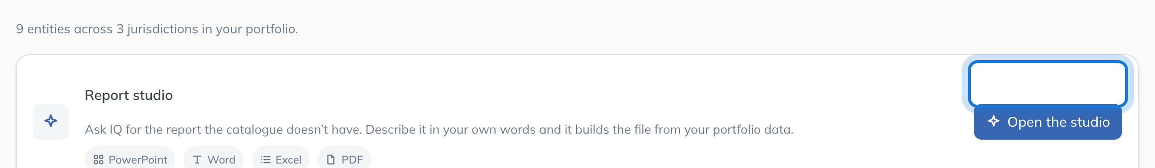 The Report studio card at the top of the Reports page: ask IQ for the report the catalogue does not have, in PowerPoint, Word, Excel or PDF, with Open the studio highlighted.