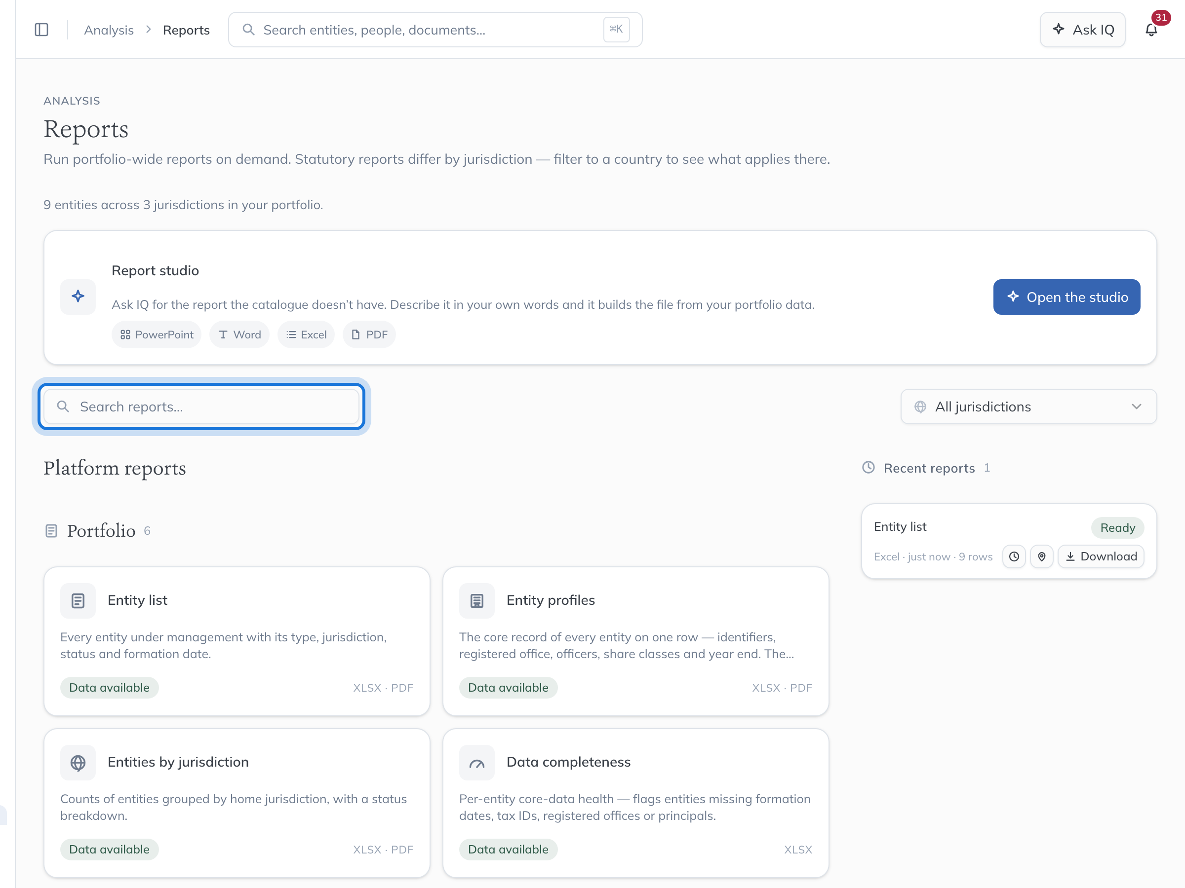 The Reports page: search, a jurisdiction filter, and the reports grouped by subject.